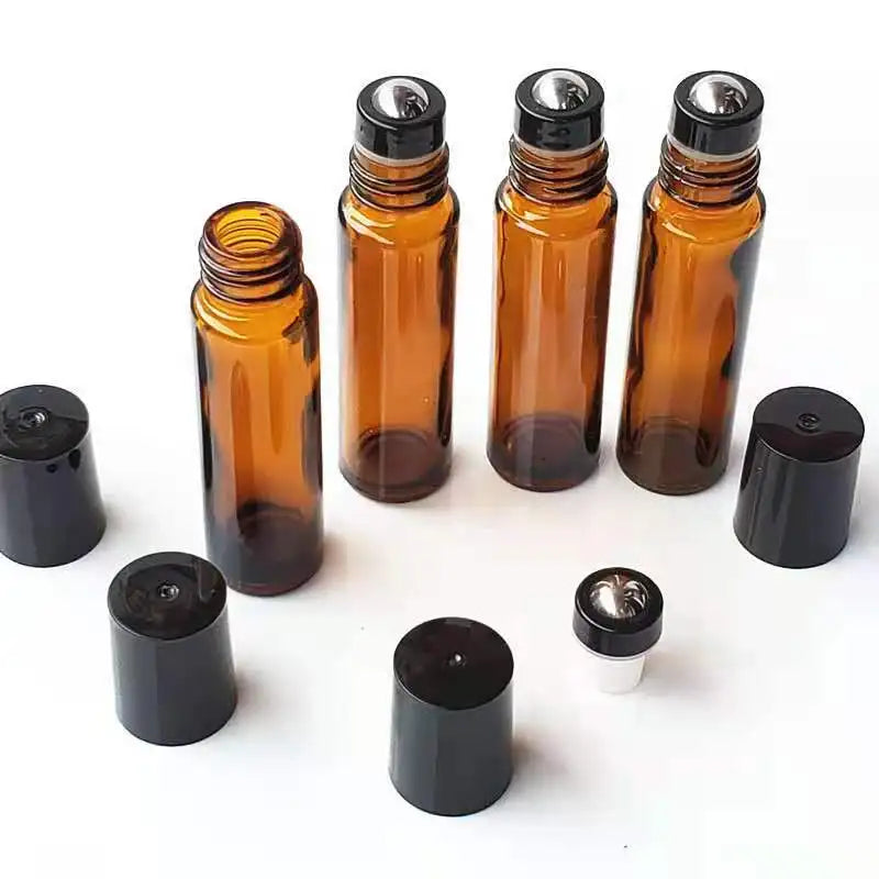 In Stock 10ml Amber/blue/clear Glass Roll on Bottle With Steel Roller and Black Cap for Essential Oil/perfume