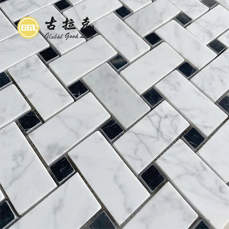 Carrara White and Nero Marquina 10mm Modern Basketweave Design Marble Floor Mosaic Tile for Bathroom with Parquet Graphic Design
