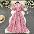 LE2180 Ladies Evening Midi Lace Dress Solid Color Slim-Fit New Doll Collar Breasted Hollow Hook Flower Embroidered Plain Dyed
