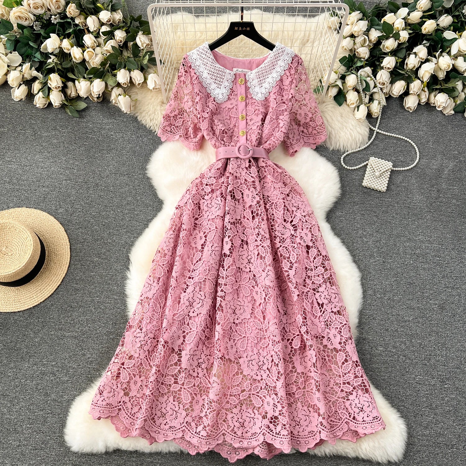 LE2180 Ladies Evening Midi Lace Dress Solid Color Slim-Fit New Doll Collar Breasted Hollow Hook Flower Embroidered Plain Dyed
