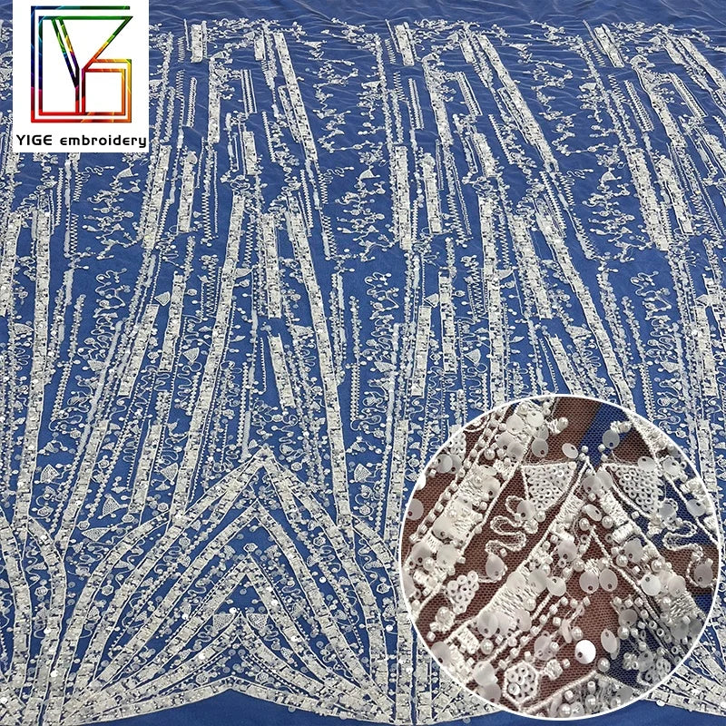 Luxury White Pearl Sequin Tulle Embroidery Lace Fabric French Bridal Net Beads Wedding Dress Beaded Lace Fabrics for Women