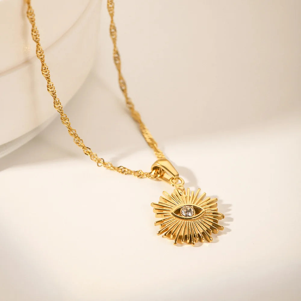 Bohemian Zircon Eye Necklace Jewelry 18k Gold Plated Stainless Steel Water Wave Chain Sun Eyes Pendant Necklace