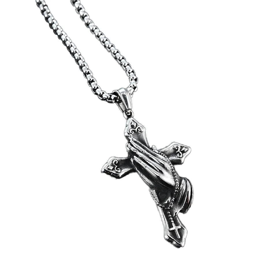 Unisex Classic European American Retro Fashion Prayer Hand Stainless Steel Zircon Charm Necklace Silver Bead Chain Geometric