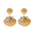 Fashion Holiday Beach Jewelry Gold Color Starfish Shell Charm Drop Earrings Plated by 18K PVD Stylish Set Accessories