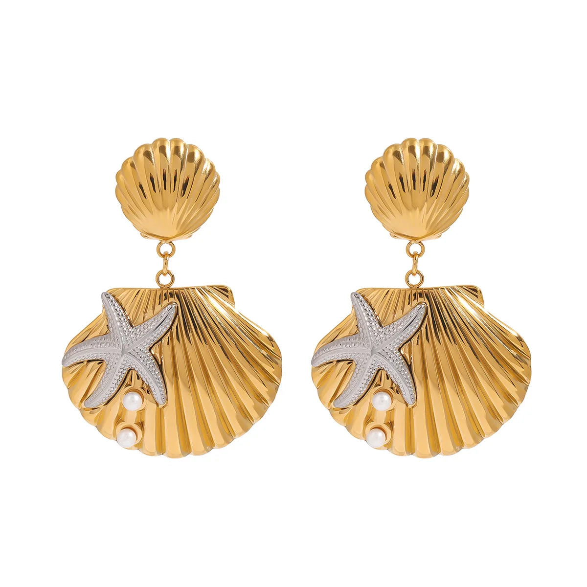 Fashion Holiday Beach Jewelry Gold Color Starfish Shell Charm Drop Earrings Plated by 18K PVD Stylish Set Accessories