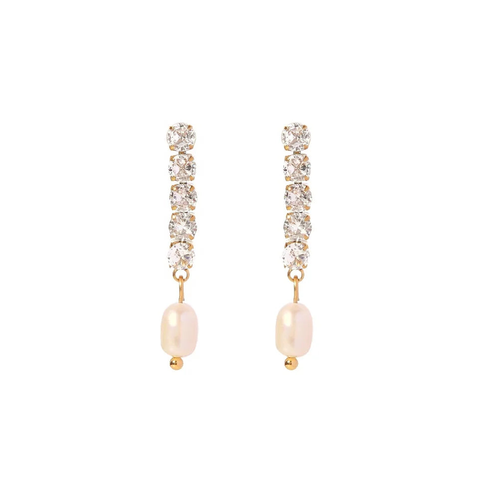 Delicate Shiny Zircon Freshwater Pearl 18K PVD Gold Plated Stainless Steel Pendant Earrings Parisian