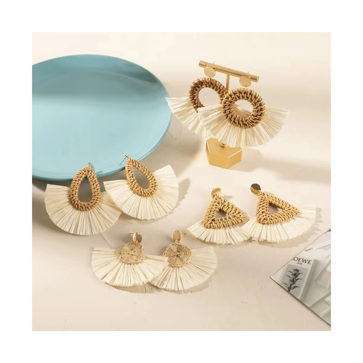 63 Design Bulk Beach Handmade Geometric Round Teardrop Boho Raffia Woven Earrings Weaved Rattan Fan Earrings
