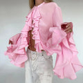 RNSHANGER Spring Women Shirt New Flare Sleeve Ruffles Patchwork Fashion Casual Shirts Temperament Long Sleeves Ladies Blouses