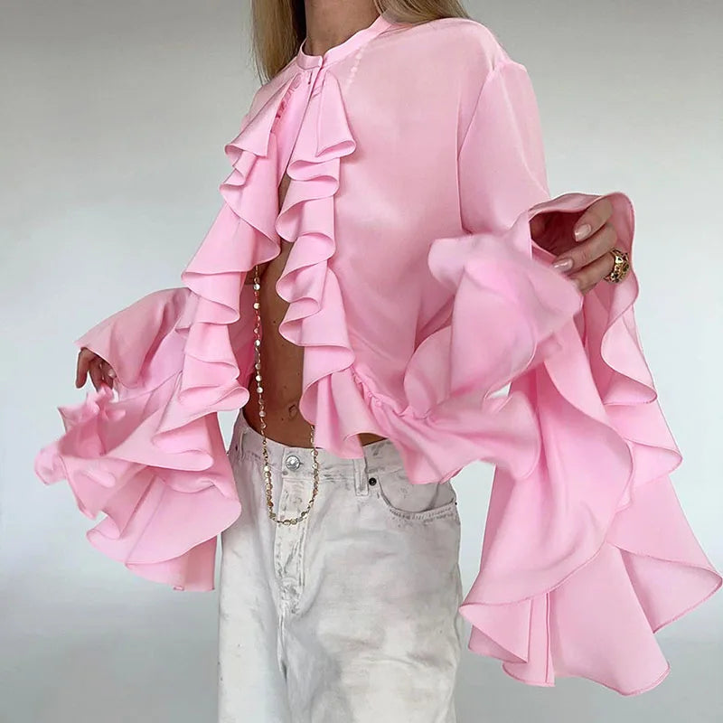 RNSHANGER Spring Women Shirt New Flare Sleeve Ruffles Patchwork Fashion Casual Shirts Temperament Long Sleeves Ladies Blouses
