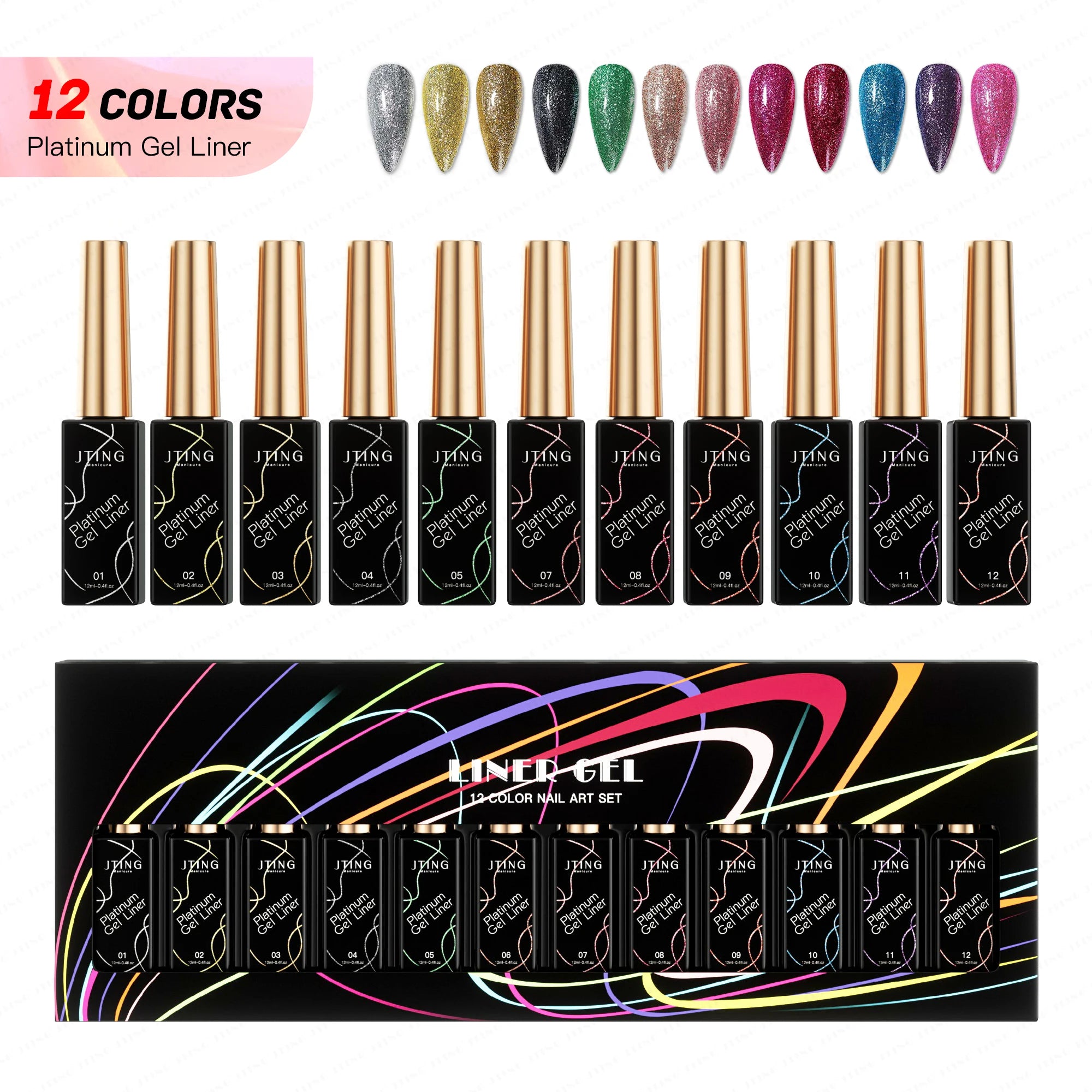JTING Popular New Design 12colors Platinum Nail Art Gel Liner Collection Set Box OEM Free Customization Liner Gel Polish