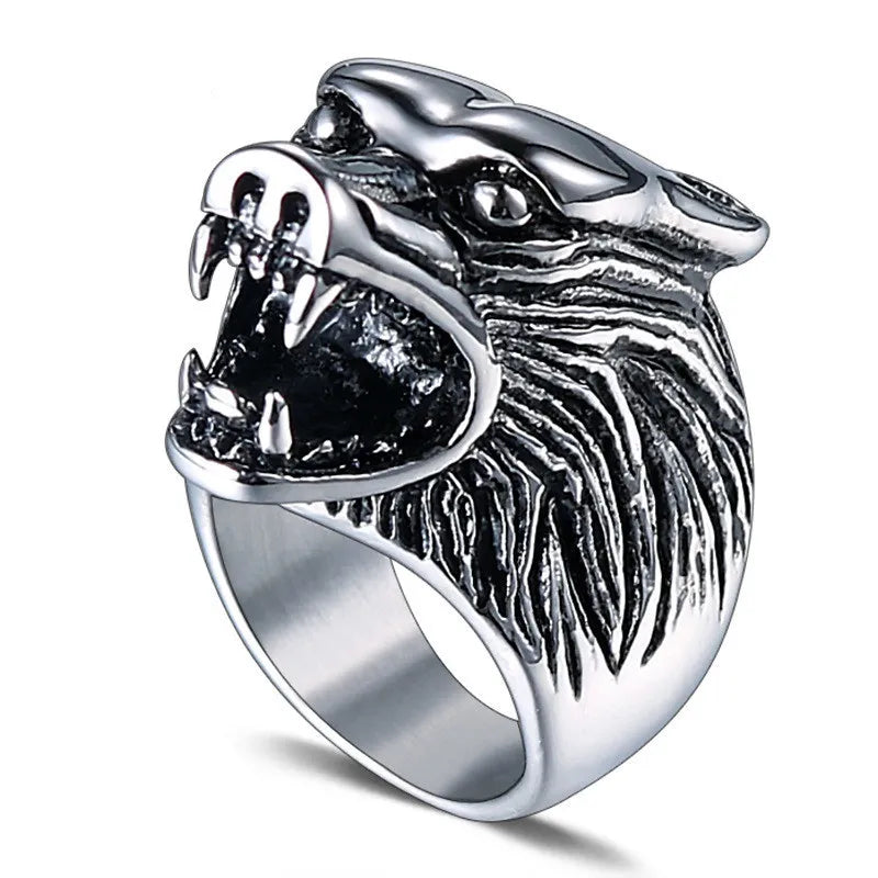 Men's Vintage Wolf Totem Thai Nordic Mythology Viking Warrior Stainless Steel Wolf Head Men's Ring