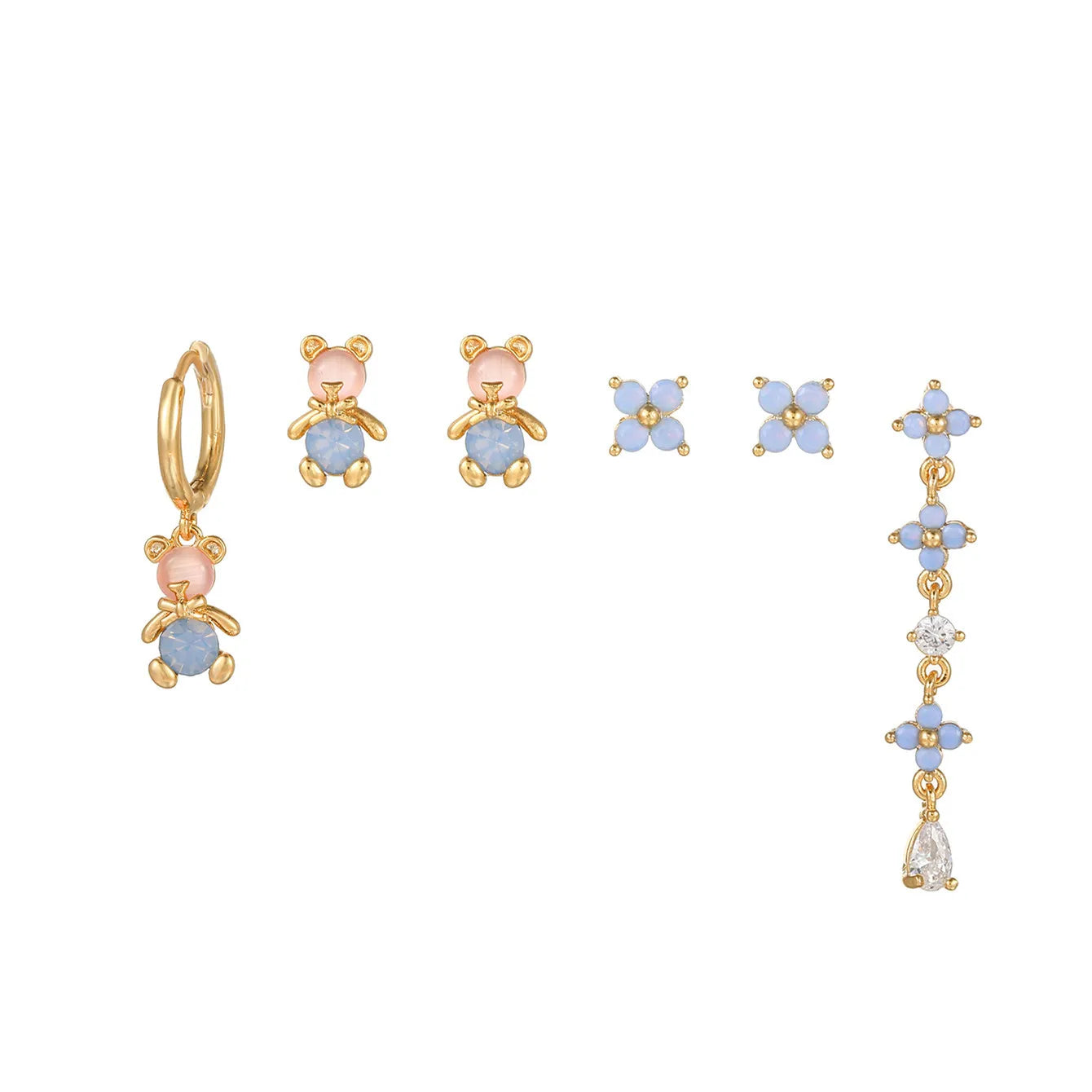 Fashion Jewelry Bear Flower Earrings Zircon Earrings Gold Plated Brass New for Women Design Artistic Six-piece 18K Stud Earrings