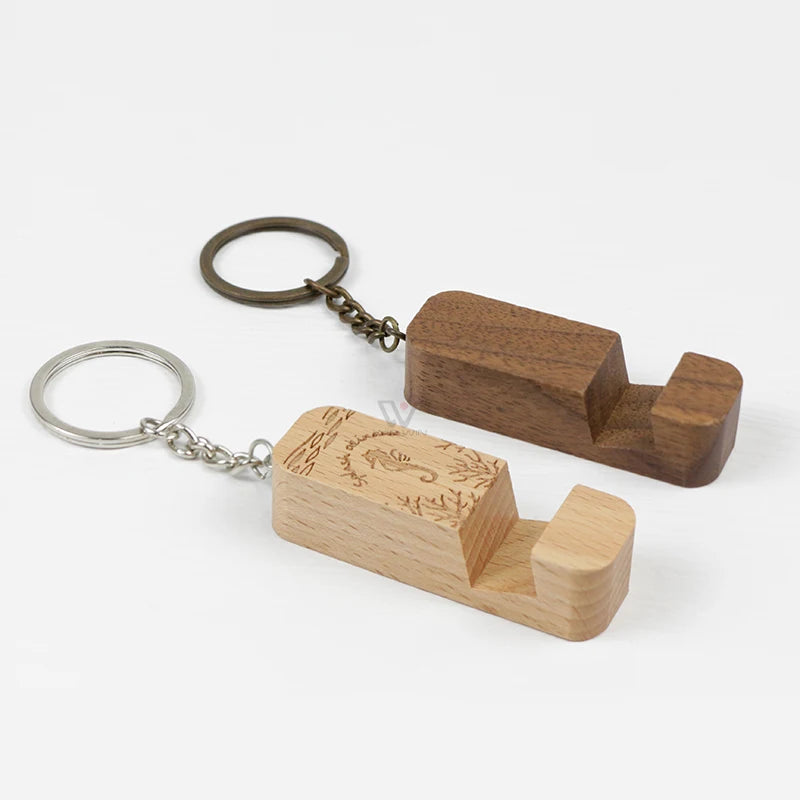 Factory Supply Wooden Metal Keyring with Lasing Logo for Promotional Gifts Phone Holder Keychain
