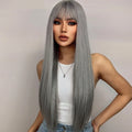 Factory Fast Delivery Sliver Gray Synthetic Wigs with Bangs Long Straight Hair Wig for Women Party Daily Natural Heat Resistant