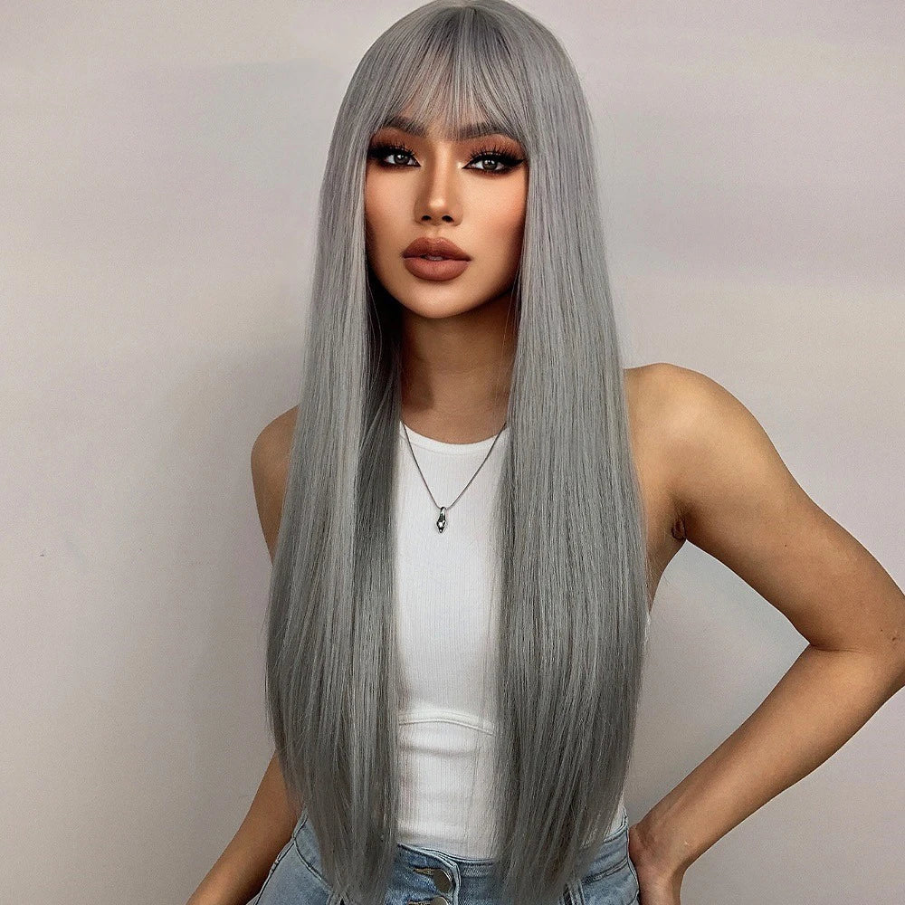 Factory Fast Delivery Sliver Gray Synthetic Wigs with Bangs Long Straight Hair Wig for Women Party Daily Natural Heat Resistant