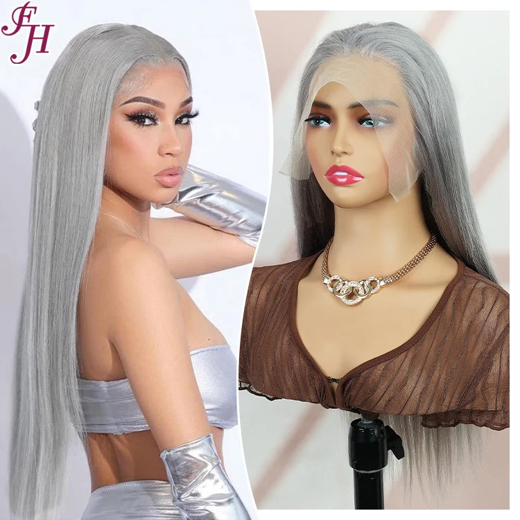 FH Silver Gray Color 20 Inch Brazilian Virgin Hair Straight Wigs 13x4 Human Hair Transparent Lace Frontal Wigs
