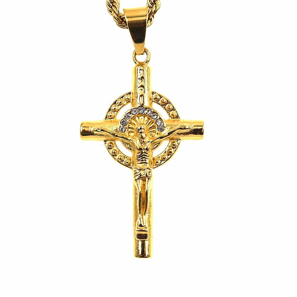 Fatingna Wholesale Christian Necklace Accessories Gold Color Religious Pendant Black Cross Charms Fashion Made Crystal Plated