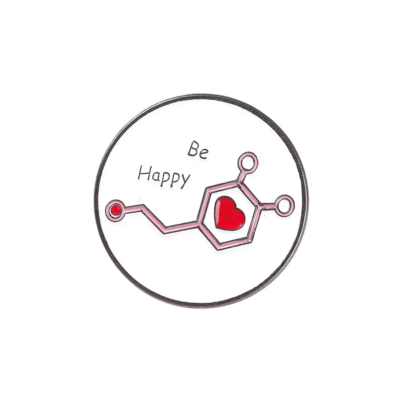 Be Happy Chemical Molecular Structure Round Shape Pin Badges Custom Be Lucky Metal Enamel Brooch