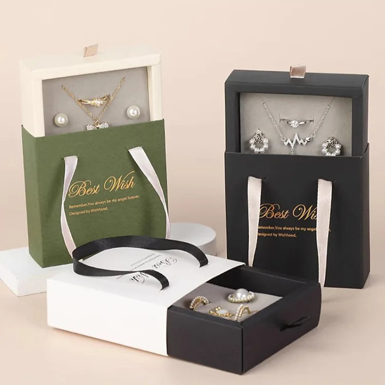Logo Foam Insert Earring Ring Necklace Paper Sliding Drawer Jewelry Set Box Gift Box Packing for Jewelry Packaging with Handle