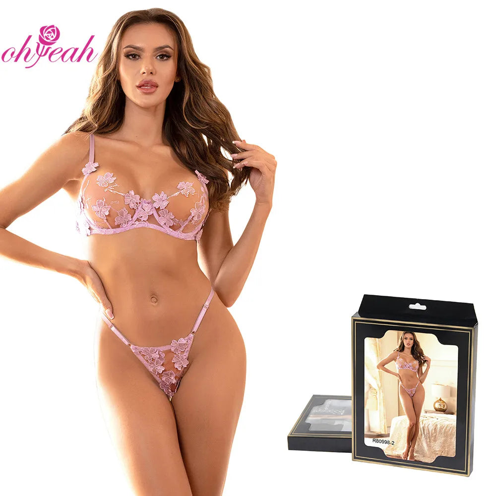 Ohyeah ODM Floral Applique Embroidery Mesh Underwire Underwear Set