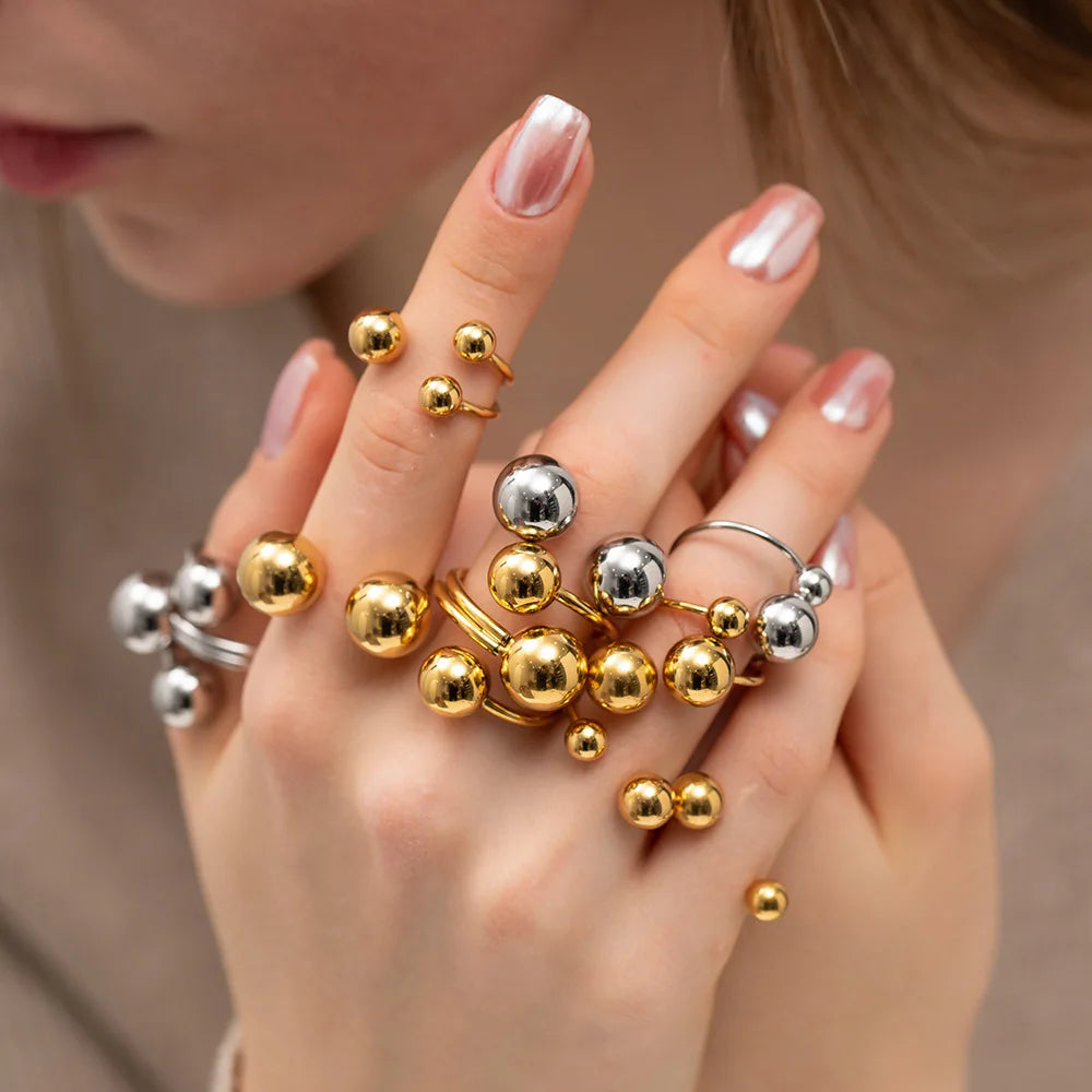 Geometric Waterproof and Tarnish Free 18K Gold Plated Stainless Steel Ball Ring Luxury Jewelry Cross Ball Open Ring for Gift