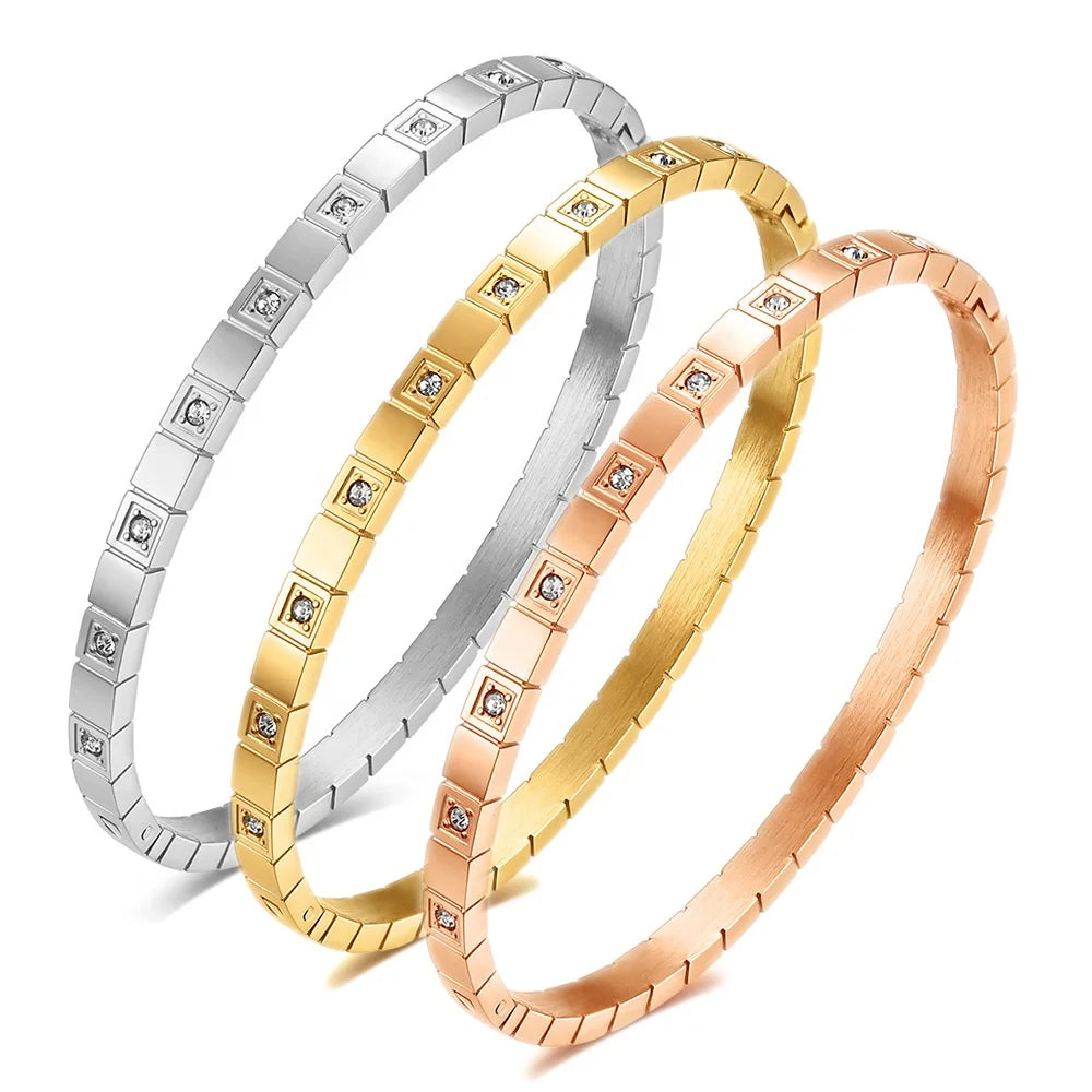 MECYLIFE Luxury Jewelry for Women 18K Gold Tarnish Free Zircon Bangle Stainless Steel Diamond Bangles Cuff Bracelet