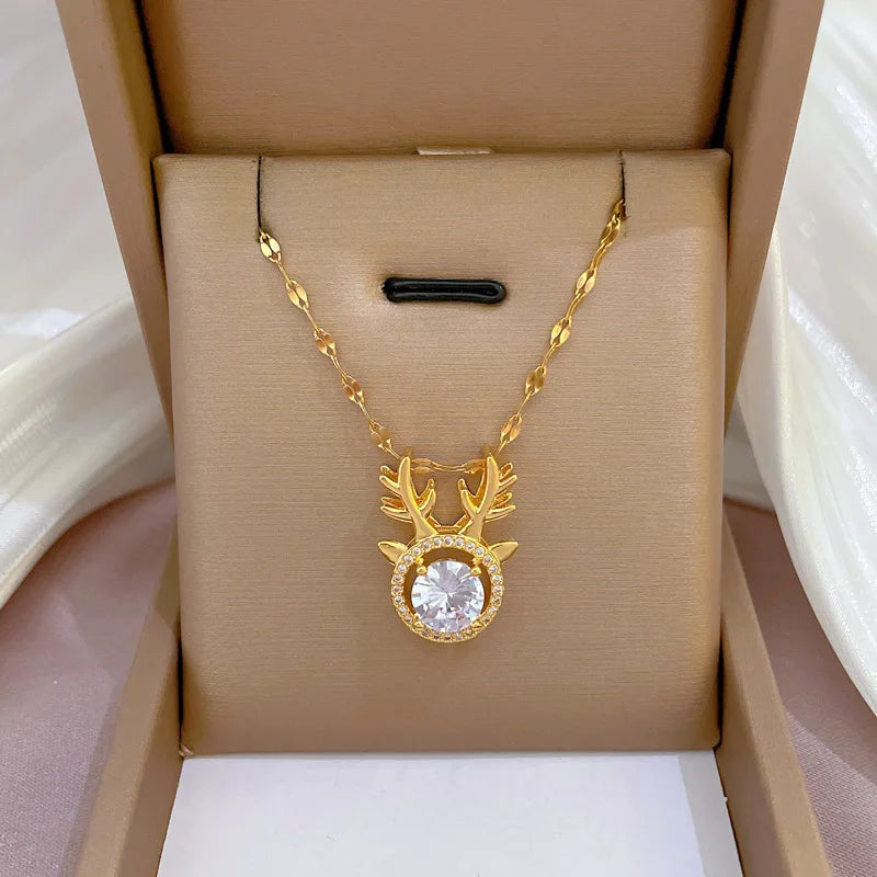 Wholesale 18K Gold Plated Sweet Charm Pendant Stainless Steel Tarnish Free Waterproof  Deer Head Delicate Diamonds Necklace