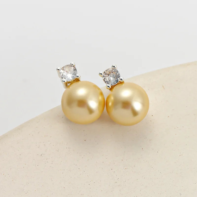 10MM Golden Imitation Pearl Silver Plated Earring & Necklace Set Classic Minimalist Wedding Engagement Gift Party Jewelry