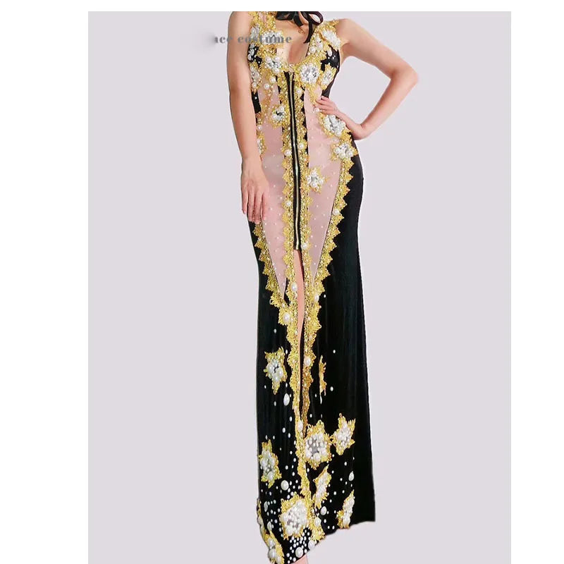 Luxury Diamond Pearl Sexy Sheer Back Evening Dress Party Women Singer Stage Show Performance Costume