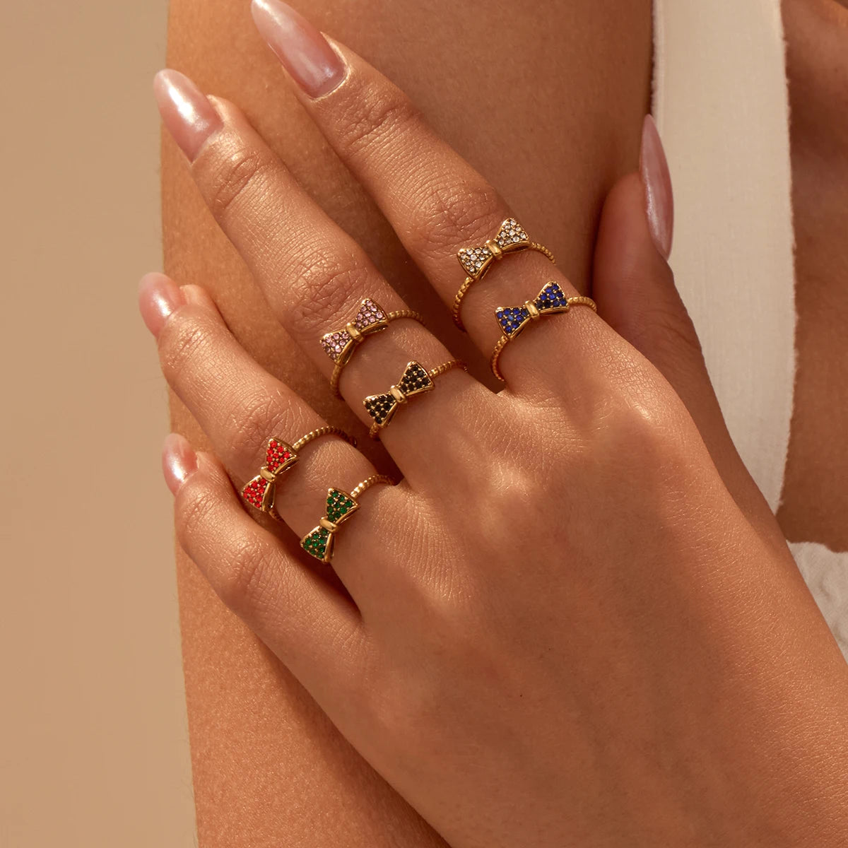 Cute Fashion Colorful Rhinestone Inlaid Bow Ring Gold Plated Stainless Steel Adjustable Open Ring Waterproof Jewelry