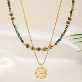 Bohemian Turquoise Natural Stone Chakra Zircon Star Pendant 18k Gold Plated Necklace for Women