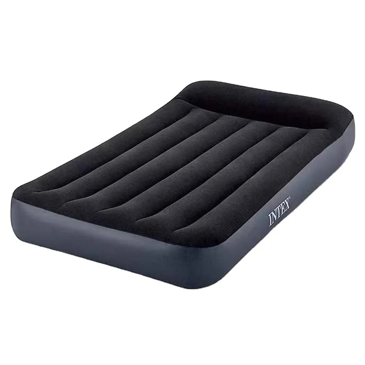 INTEX 64141 Deluxe Single Air Mattress with Built-In Pillow PVC Flocking Camping Mat Foldable Modern Design for Bedroom Park Use