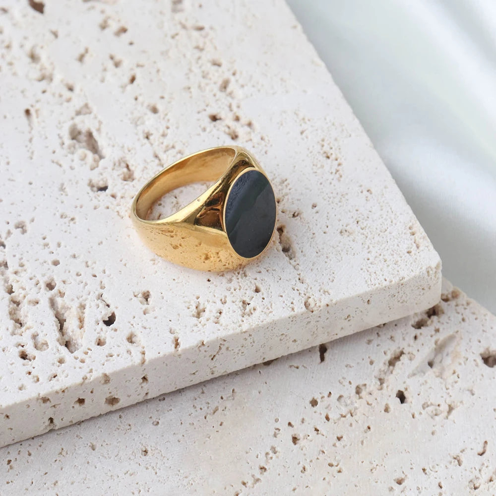 Chris April in Stock Fashion Jewelry PVD Gold Plated 316L Stainless Steel Black Enamel Signet Ring for Women