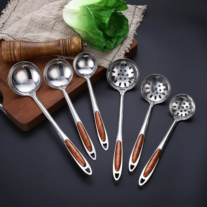Stainless Steel Soup Ladle Skimmer Set Walnut Pattern Handle Hot Pot Serving Spoon Slotted Strainer For Restaurant Hotel