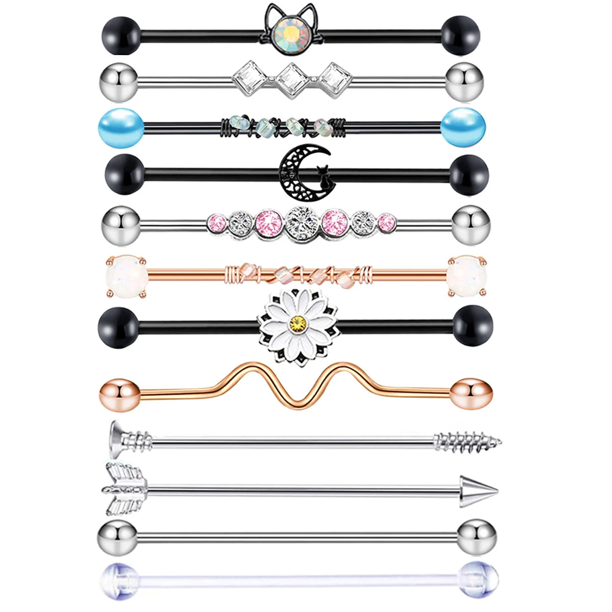14g Mix Styles Surgical Steel Industrial Piercing Barbell 14G Cartilage Earring Helix Ear Lobe Stretcher Bar Body Jewelry 20pcs