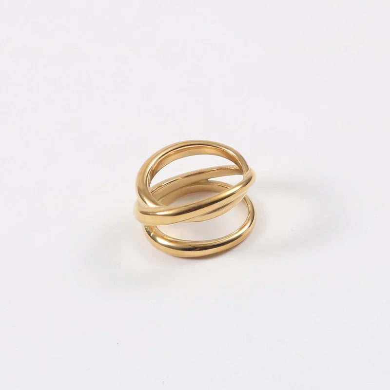 Fenny 18K Gold Plated Wholesale Tarnish Free Statement Three Circle Cross Stainless Steel Finger Ring Trend for Women
