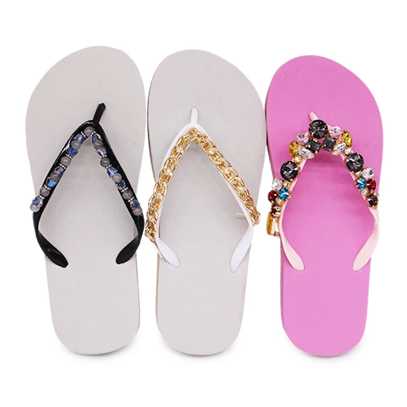 Custom Summer Flat Glitter Crystal Straps Casual Women Girl Soft Beach New Trendy Slippers Anti Sole Flip Flops Chanclas