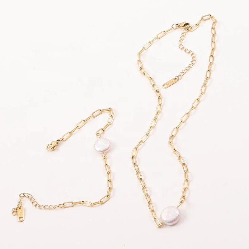 Ins Style Trendy Dainty Light Luxury Simple Jewelry 18k Gold Plated Stainless Steel Cuba Chain Water Pearl Jewelry Sets