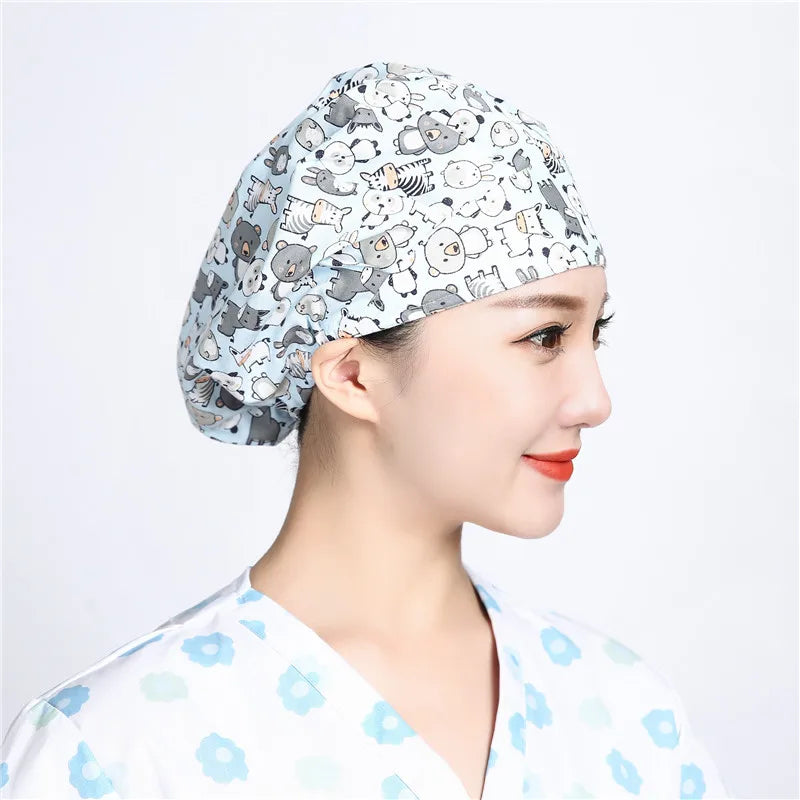 Custom Make Cotton Fabric Hospital Uniform Hat Long Hair Prints Pattern Scurbs HatFashion Colorful Nurse Hats