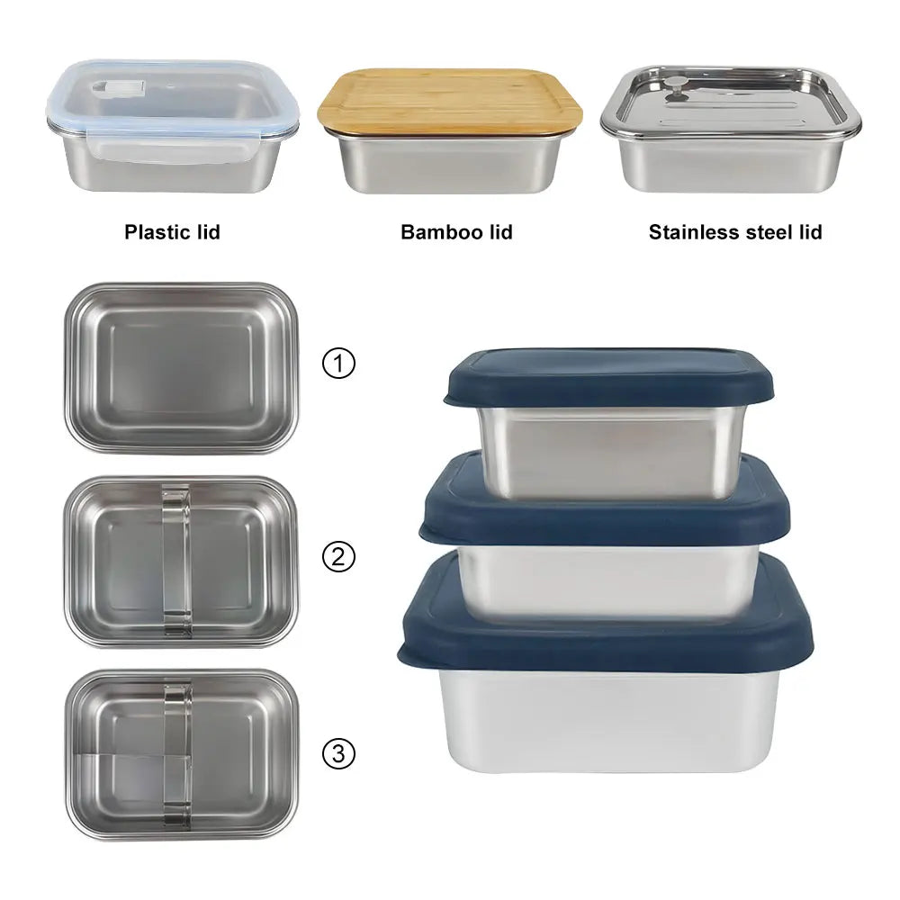 LIHONG 304 Stainless Steel Bento Box Silicone Lunch Box School Daycare Nesting Metal Microwave Safe Food Containers with Lids