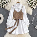 Vintage One Size Waist Slim Single Breasted A-line Shirt Dress V-neck Strap Tied Vest Casual Two-piece Set