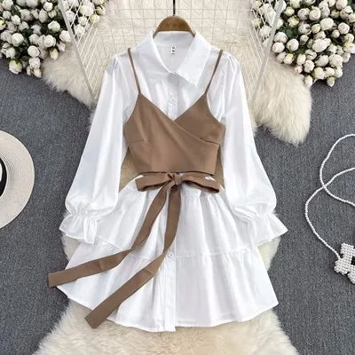 Vintage One Size Waist Slim Single Breasted A-line Shirt Dress V-neck Strap Tied Vest Casual Two-piece Set