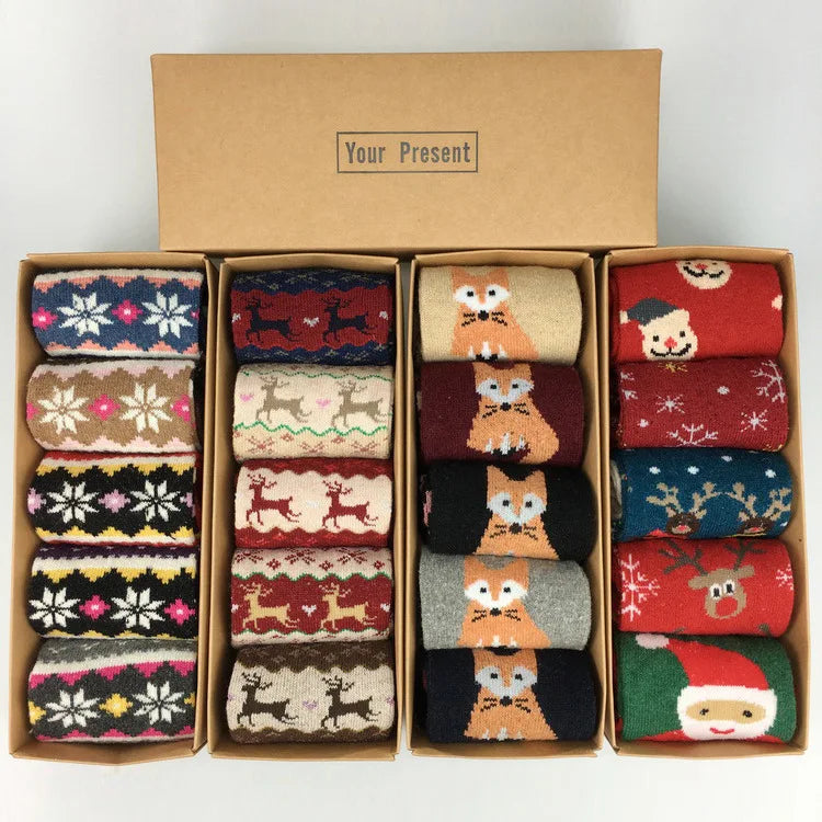 R1047 Gift Boxed Rabbit Wool Christmas Socks Female Thickened Warm Gold Fawn Ladies Socks Student Cartoon Christmas Socks