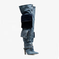 Novel Design Denim High Heel Over the Knee Boots Women Long Pocket Baggy Boots