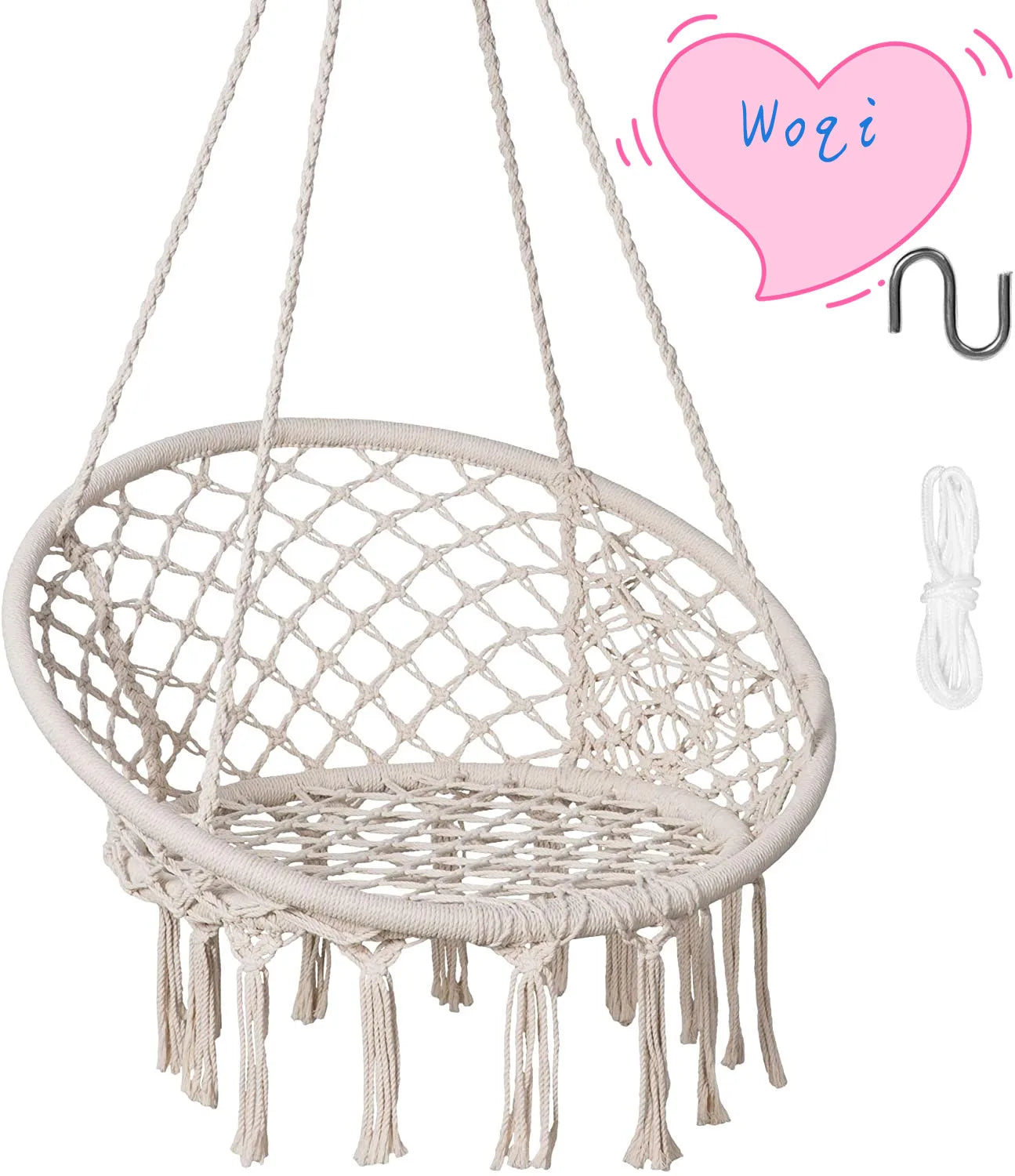 WOQI Hammock Chair Macrame Swing With Side Pocket Hanging Cotton Rope Hammock Swing Chair for Indoor and Outdoor Use