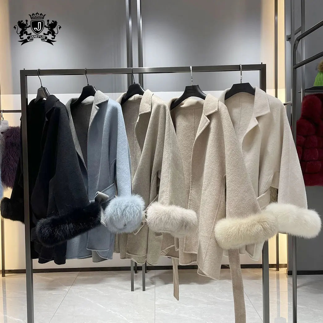 Janefur Luxury Winter Cashmere Wool Trench Coat for Women Premium Genuine Fur Trimmed Warm Overcoat
