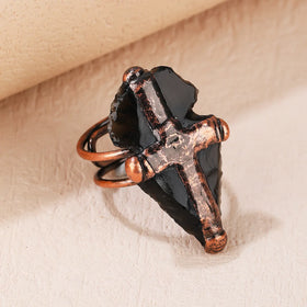 Natural Crystal Black Obsidian Cross Ring Exquisite Joint Retro Style Fashion Jewelry Handmade Adjustable Ring