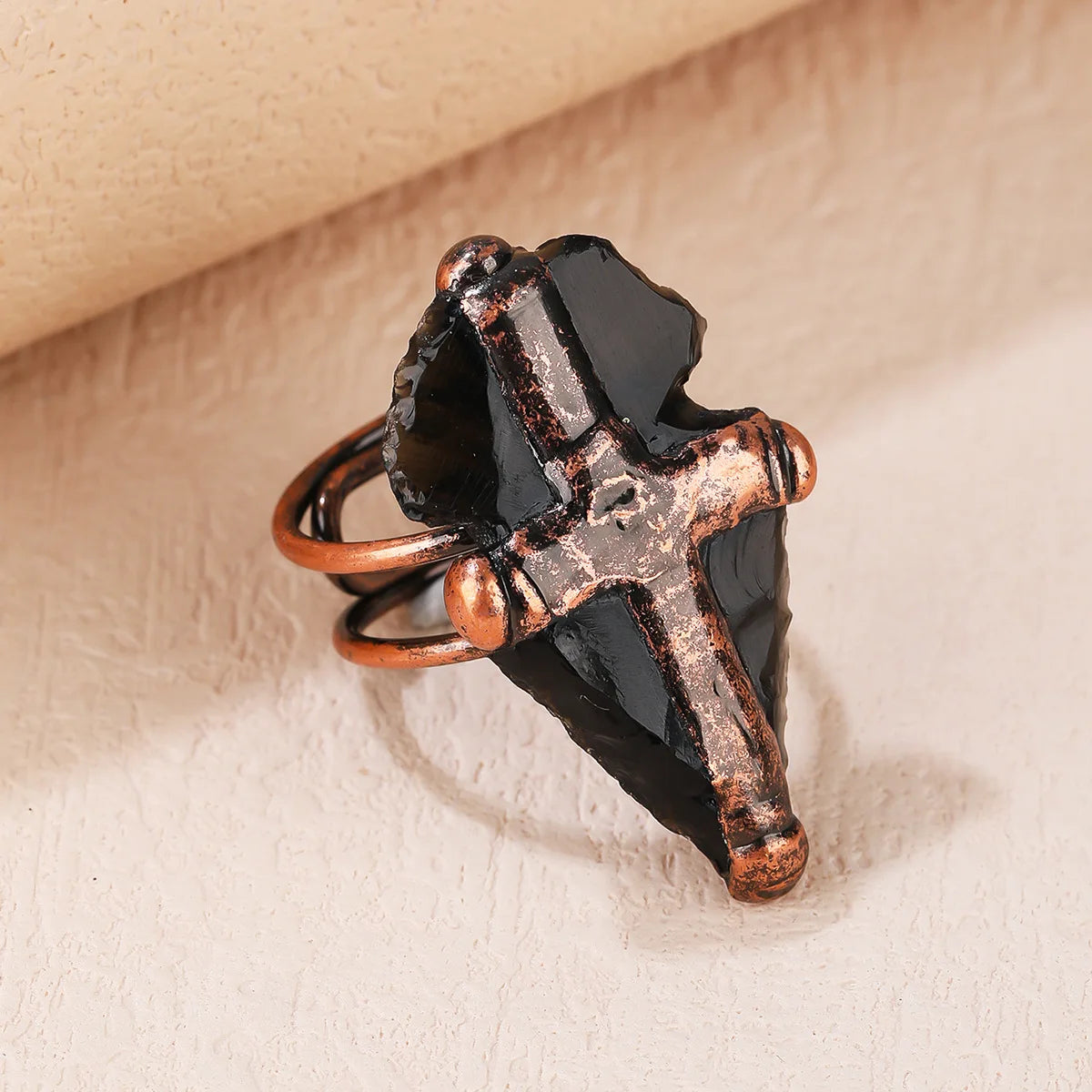 Natural Crystal Black Obsidian Cross Ring Exquisite Joint Retro Style Fashion Jewelry Handmade Adjustable Ring