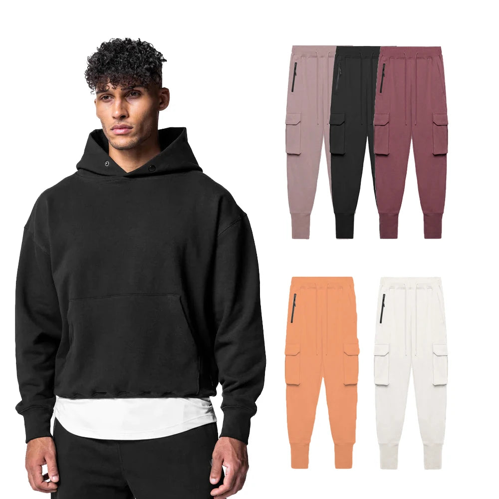 Men Solid Gym Sportswear Two Pieces Hoodies Sweatsuit With Snap and Pants Overalls Tracksuit Set