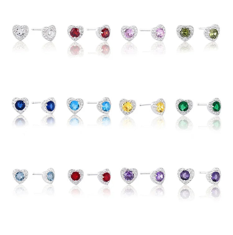 Dainty Heart Birthstone Studs Tiny Sterling Silver CZ Earrings Gold Heart Birthstone Stud Earrings